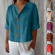 thumbnail image 1 of Chaqueta corta,Camiseta holgada con cuello en V para mujer, top informal abotonado, manga corta en mezcla de lino, largo regular para uso diario, sopatenor, 1 of 9