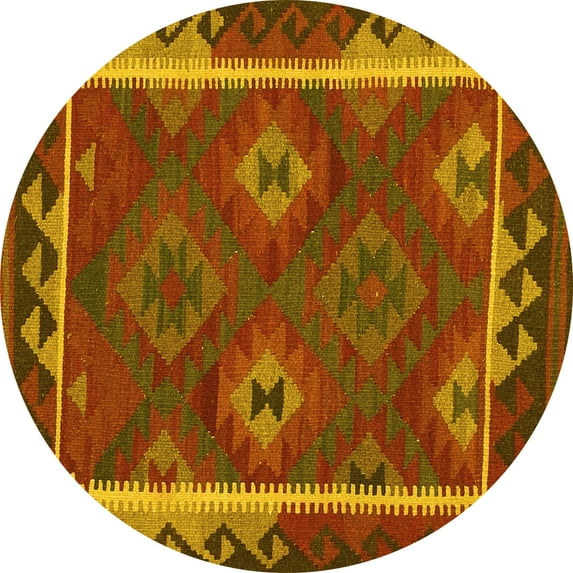 Ahgly Company Machine Washable Indoor Round Oriental Yellow Traditional Area Rugs, 6' Round