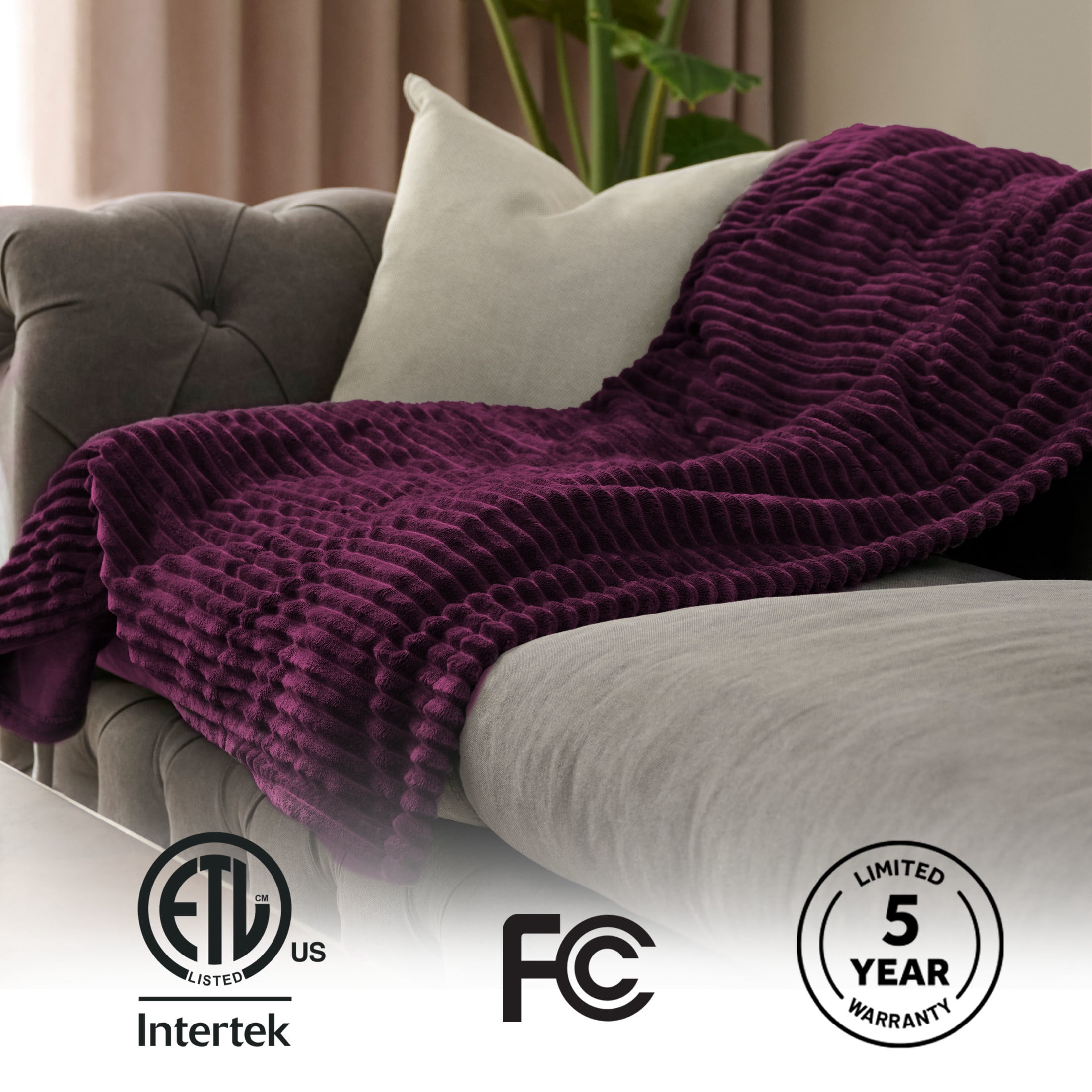 Sunbeam Heated Throw Blanket Textured Velvet Winter Bloom 3 Heat Settings 50"x60"