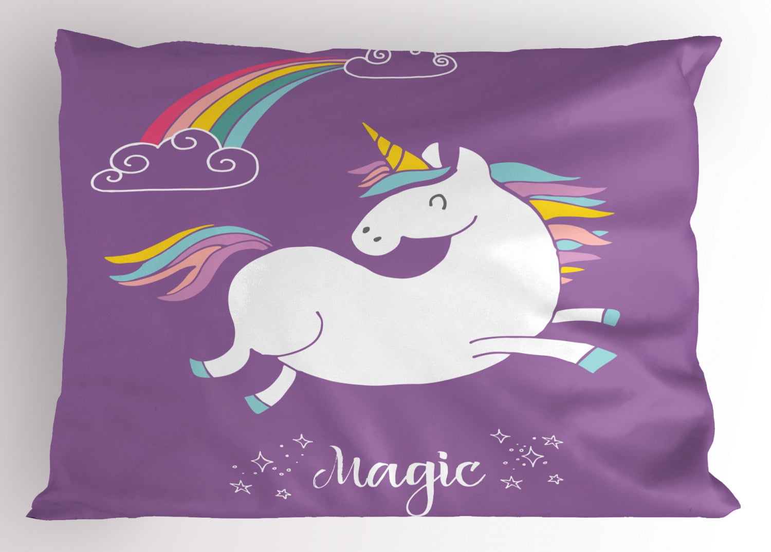 Unicorn Pillow Sham Mythical Animal with Clouds and Rainbow Figure