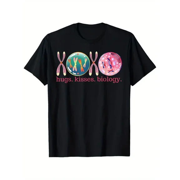 Valentine's Day Biology Teacher T-Shirt - "HUGS Kisses BIOLOGY" Design, 100% Cotton, Short Sleeve, Crew Neck, S-XXXL, Unisex Casual Wear for All Seasons, Educational Fashion