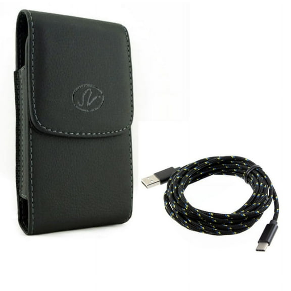 Black Vertical Leather Phone Case Cover Pouch Holder w Braided Black 10ft Long Type-C Cable Rapid Charge USB Wire Sync V4W for Acer Liquid Jade Primo - Alcatel Idol 4S - ASUS ROG Phone