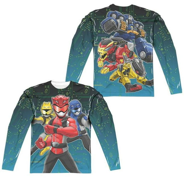 Power Rangers & Battle Stance avant et Arrière Impression Adulte Manches Longues Poly Équipage T-Shirt - Blanc&44; 2X