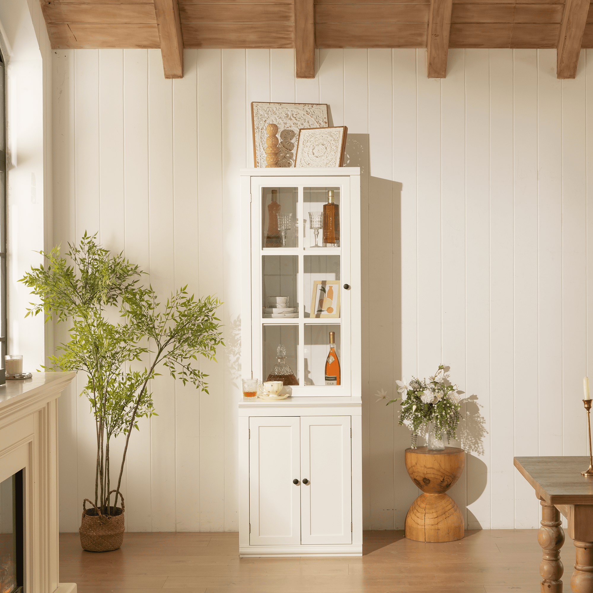 Euroco 75.25'' Tall Freestanding Pantry Cabinet with Glass Door & Lattice Window, Farmhouse Display Cabinets with Storage, Hutch with Double-Action LH&RH Door