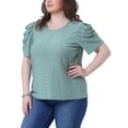 thumbnail image 4 of Agnes Orinda Blusas de Talla Grande para Mujeres con Ojal y Bordado, Manga Abullonada, Cuello Redondo, Casual, 2X Verde, 4 of 6