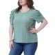 thumbnail image 4 of Agnes Orinda Blusas de Talla Grande para Mujeres con Ojal y Bordado, Manga Abullonada, Cuello Redondo, Casual, 2X Verde, 4 of 6