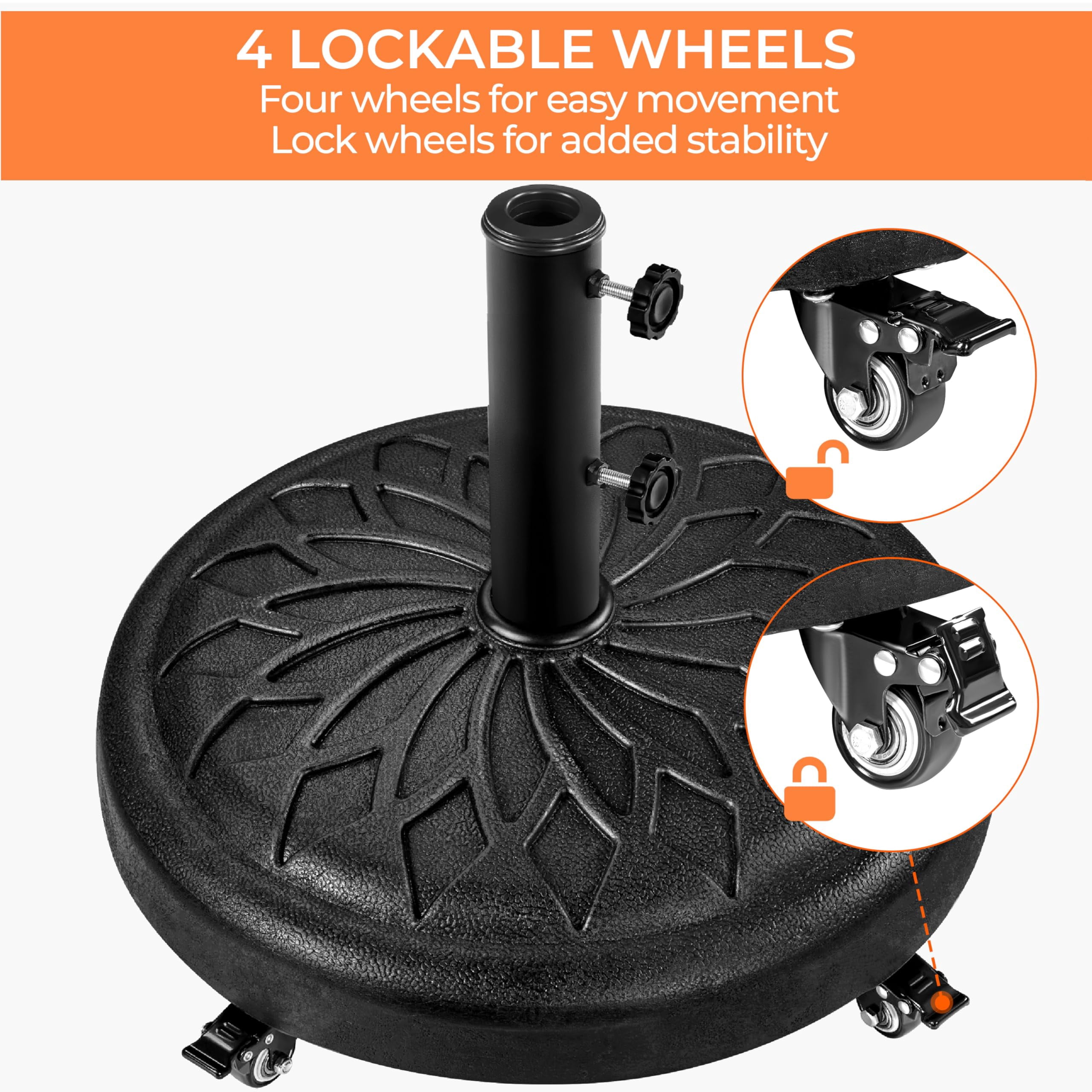 Heavy Duty 45lb Round Umbrella Base with Lockable Wheels, 20 Inch Market Patio Umbrella Stand for Garden, Yard, Outdoor Use, Fits Standard Umbrella Poles, Black