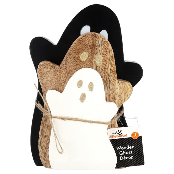 Wooden Ghost Decoration Set, Black/Natural/White, 3 Pieces, Halloween by Way To Celebrate