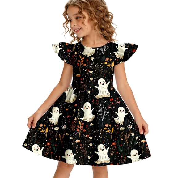 Halloween Toddler Girls Dress Pumpkin Ghost Print Dresses Flutter Sleeve 2-8Y