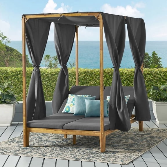 Outdoor Patio Daybed, Adjustable Wooden Sunbed with Curtains & Cushion, Patio Chaise Lounge with Adjustable Seats and Canopy for Backyard, Garden, Poolside, Patio, Lawn, Grey
