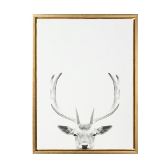 Kate and Laurel Sylvie Deer with Antlers Black and White Portrait Framed Canvas Wall Art by Simon Te Tai, 18x24 Gold