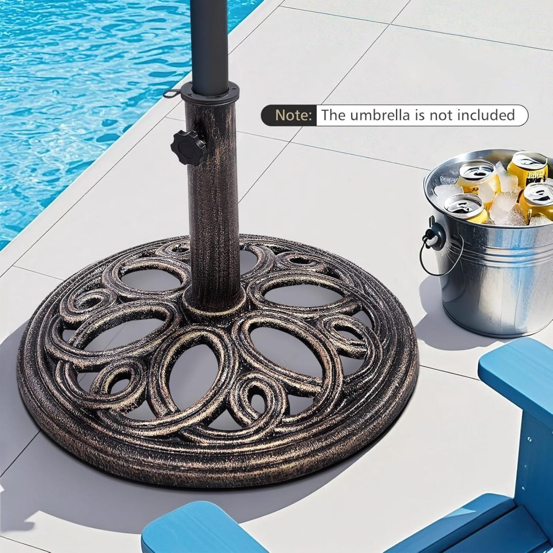 WJSP 22 lbs Heavy Duty Umbrella Base, Round Parasol Holder with 3 Adapters for Φ1.38/Φ1.57/Φ1.9 Pole, Cast Iron Umbrella Base Stand with Beautiful Decorative Pattern, Easy Setup