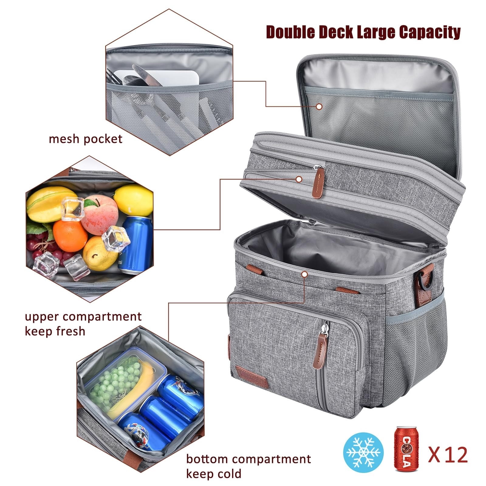 Lunch Bag & Lunch Box for Men Women, Double Deck Leakproof Insulated Soft Large Adult Camping Cooler bag for Work Beach Picnic Travel