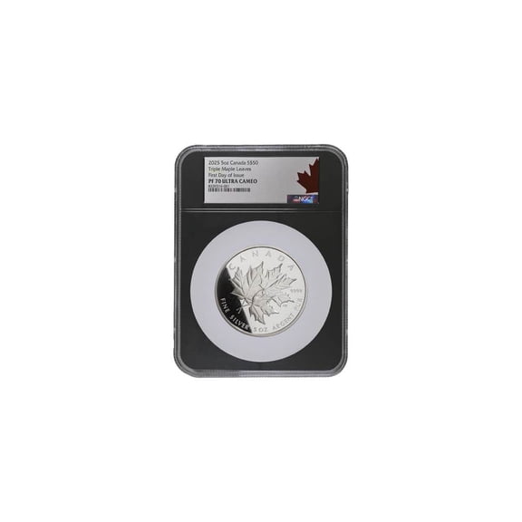 2025 Canada $50 5-oz Silver Triple Maple Proof NGC PF70 First Day of Issue w/Black Core & Maple Leaf