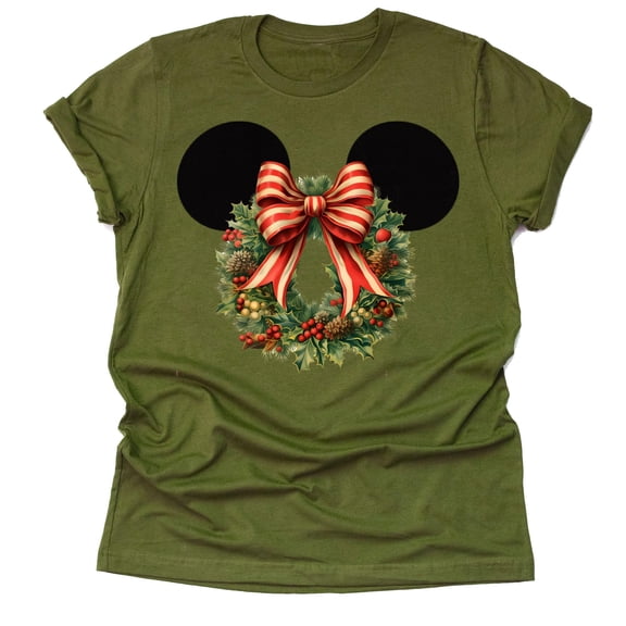 Minnie Mickey Ears Christmas Flower Wreath Women T Shirt Fall Floral Winter Floral Antique Bow ( XX-Large, Olive)