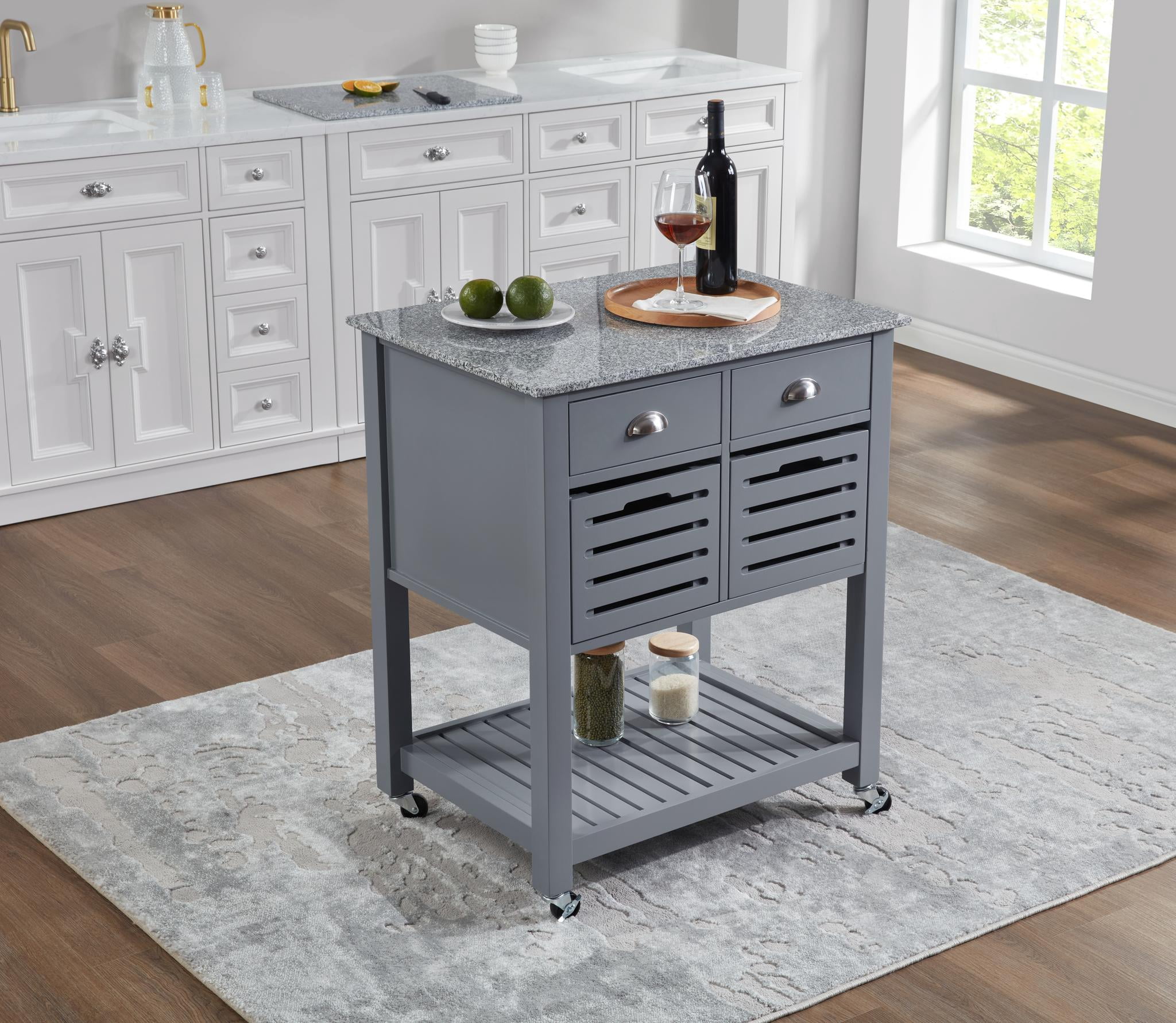 Rolling Kitchen Island Serving Cart with Underneath Drawer & Slide-Out Wire Storage Basket