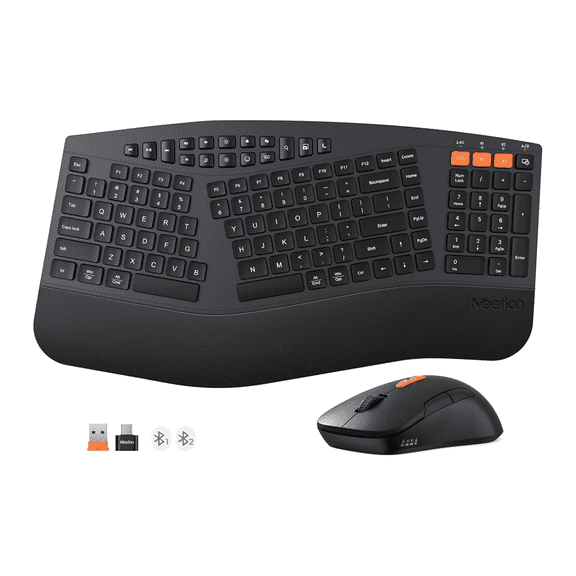 Meetion DirectorB2 Ergonomic Wireless Split Design USB-C Computer Keyboard & Mouse Sets with Cushioned Palm Rest, black