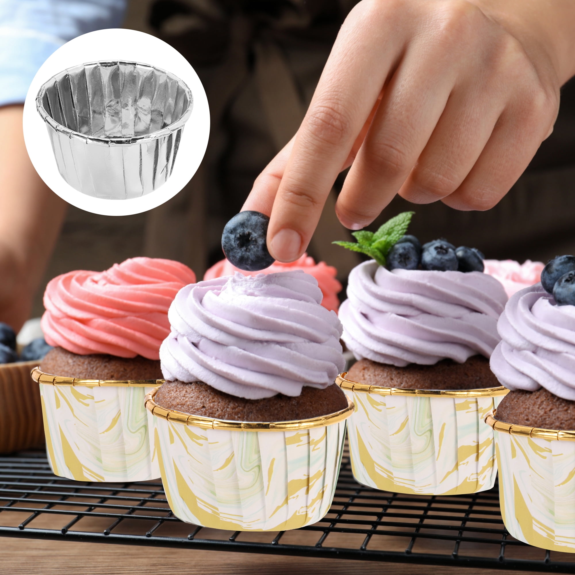 Unique Bargains 50Pcs Double-sided Aluminum Foil Cupcake Liners with Lids Silver 2.76"