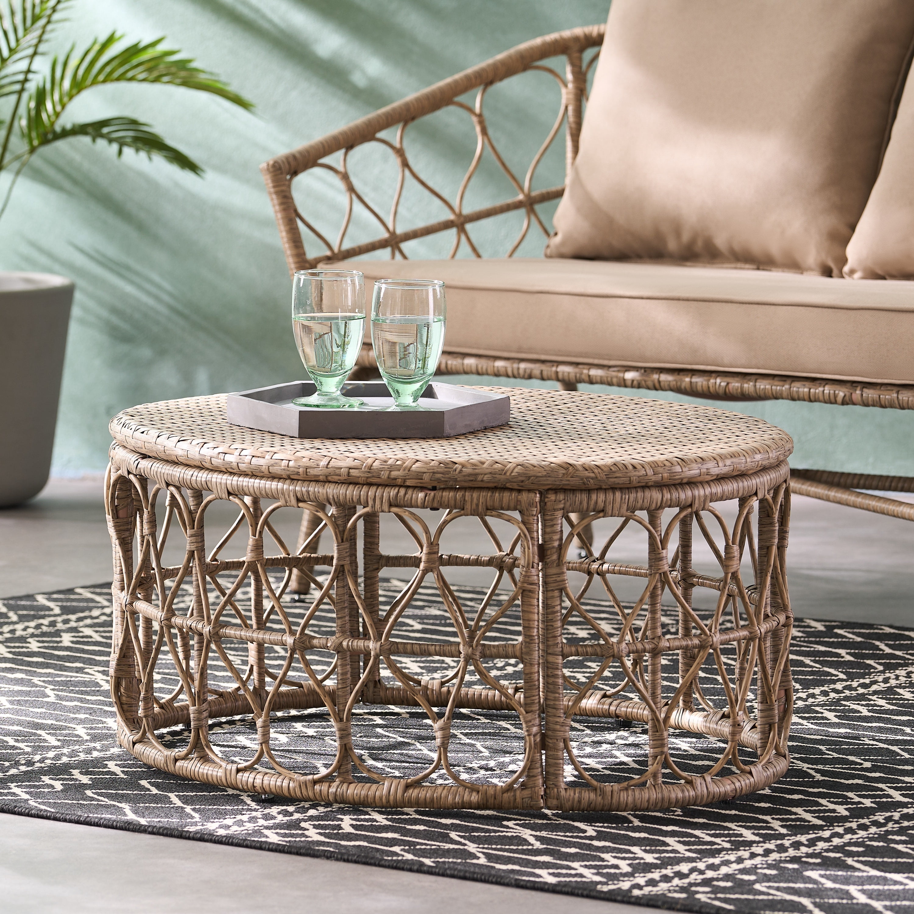 Colmar Outdoor Wicker Coffee Table,  Faux Rattan,Light Brown