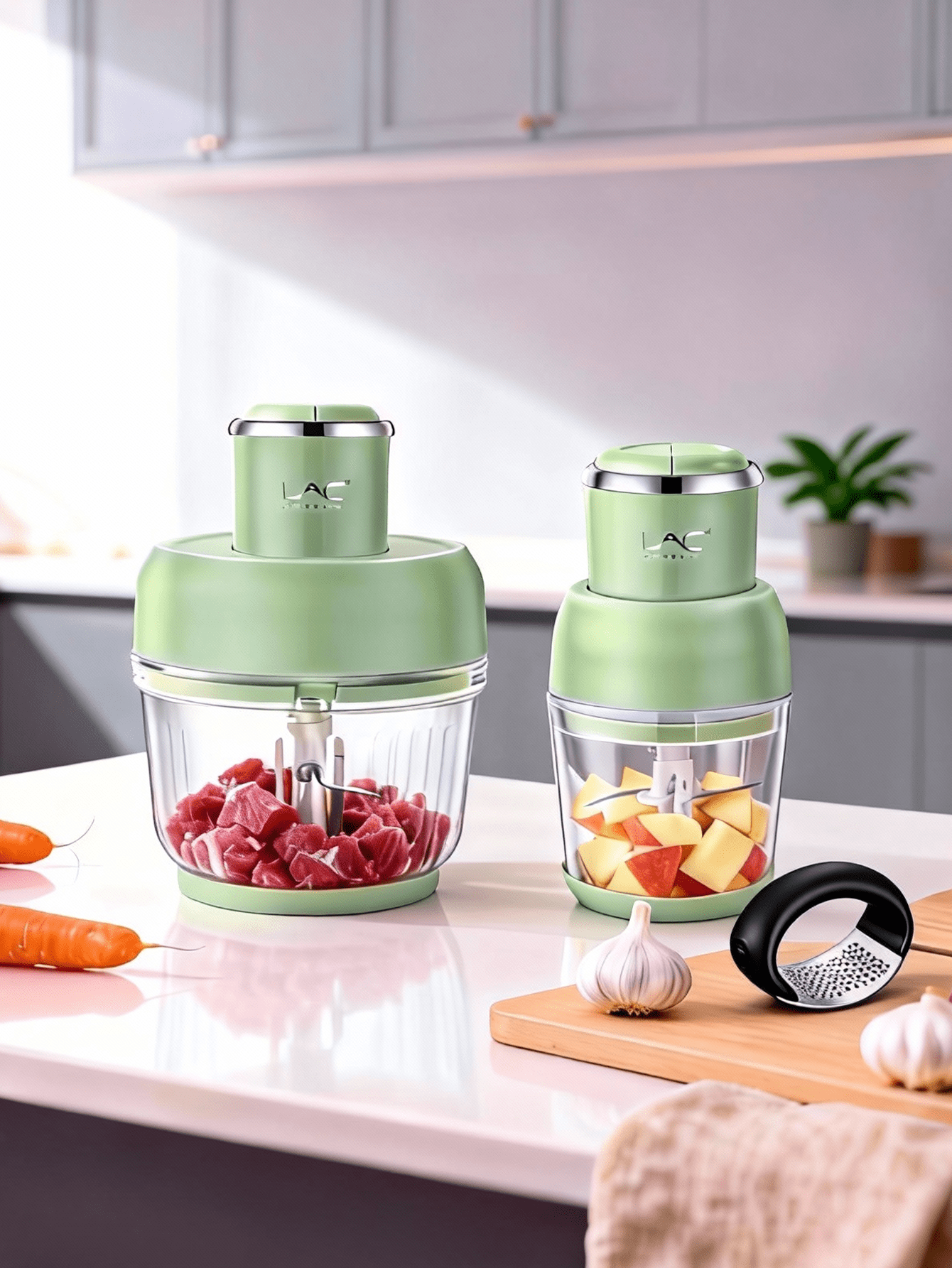 10-Cup Dual Pot Food Processor, Stainless Steel Blades, Veggie Chopper for Kitchen Use, Light Green