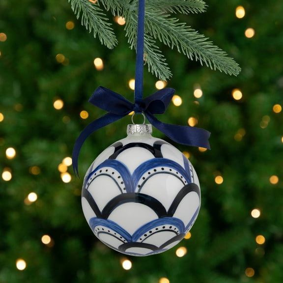 Northlight Scallop Glass Christmas Ball Ornament - 4" - White and Blue