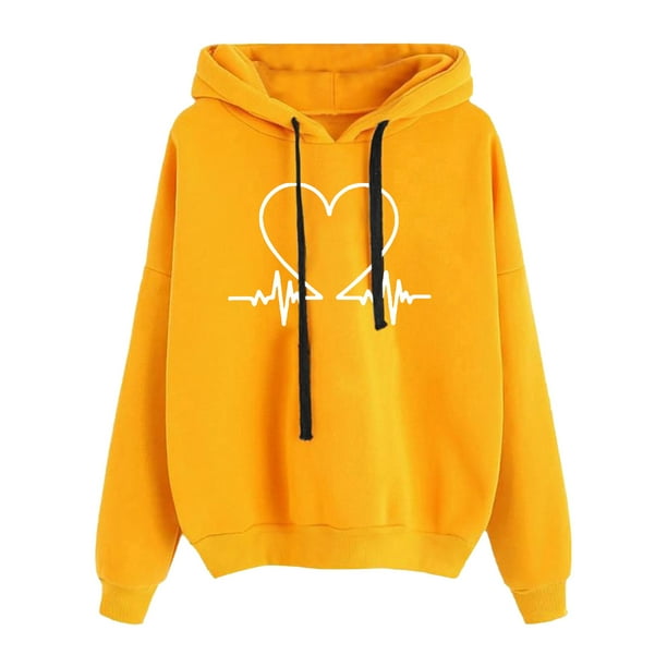 Gibobby Sudadera de Manga Larga el amor de las mujeres imprimió camiseta encapuchada suelta de manga larga drawstring blouse top (Amarillo, XXL)