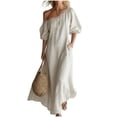 thumbnail image 5 of Karymi One Shoulder Maxi Dress, Casual Off Shoulder Puff Sleeve Solid Flowy Dress with Pockets, Summer Loose Beach Cover-Up Dress Dresses for Women, 5 of 8