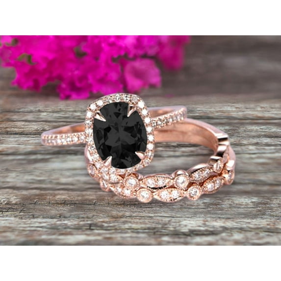 3 Carat Oval Cut Black Diamond Moissanite Engagement Ring 10k Rose Gold With Art Deco Vintage Looking Matching Wedding Band