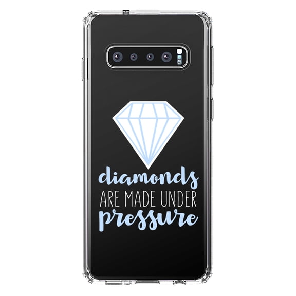 DistinctInk Clear Shockproof Hybrid Case for Samsung Galaxy S10 (6.1" Screen) - TPU Bumper Acrylic Back Tempered Glass Screen Protector - Diamonds Are Made Under Pressure