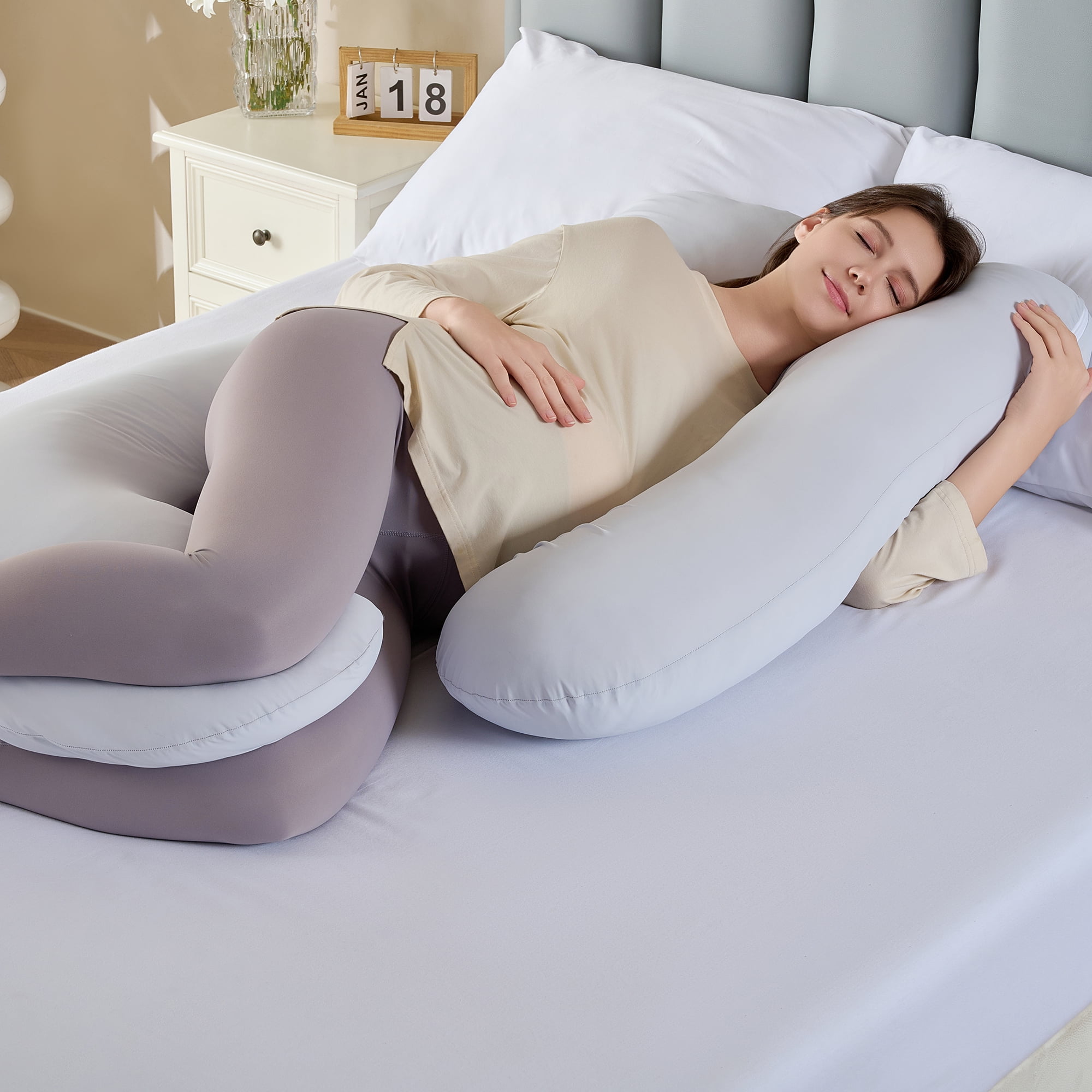 Cooling Pregnancy Pillows for Sleeping, U Shaped Full Body Pillow with Removable Cover, Grey