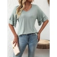 thumbnail image 3 of Womens V-Neck Tops Dressy Double Layer Bell Sleeve 3/4 Length Ruffle Sleeve T Shirts Bean Green XXL, 3 of 8