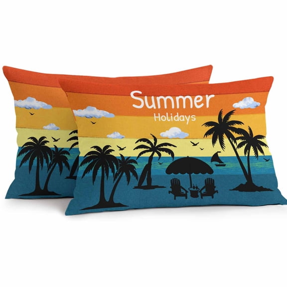 Summer Holidays Outdoor Pillow Covers Set of 2 Palm Trees Vacation Waterproof Throw Pillow Case Decorative Square Cushion Cover for Patio Couch Garden Balcony, 20"x12"