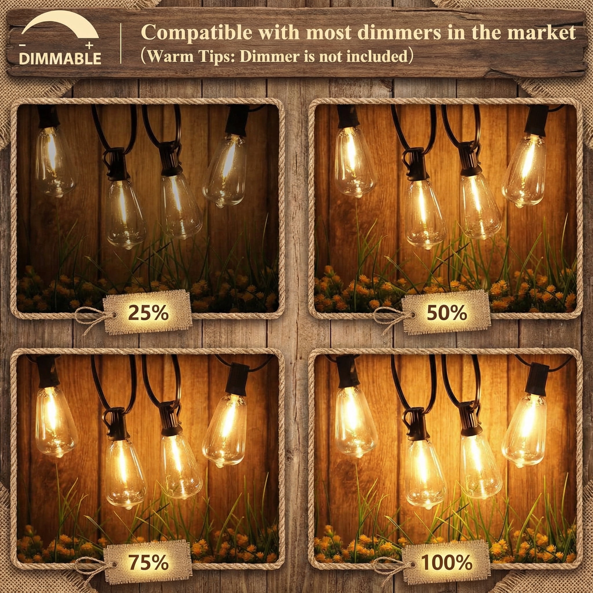 Nordic Hygge LED Outdoor String Lights 100FT Patio Lights with 52 Shatterproof ST38 Vintage Edison Bulbs