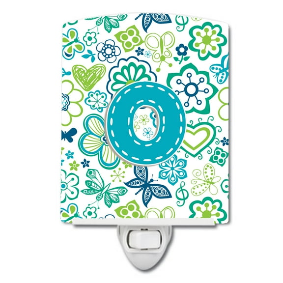 Letter O Flowers and Butterflies Teal Blue Ceramic Night Light