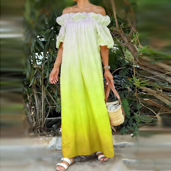 Maqroz Maxi Dresses for Women Plus Size Dress Summer Casual Off Shoulder Dress Tie Dye Puff Sleeve Dresses Loose Fit Flowy Beach Party Outfits Green M