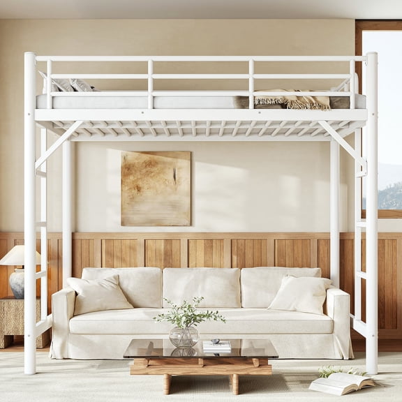 Twin Metal Loft Bed, Space-Saving Vertical Frame with Guardrails & Ladder, Heavy-Duty Dorm Bedroom Furniture, White