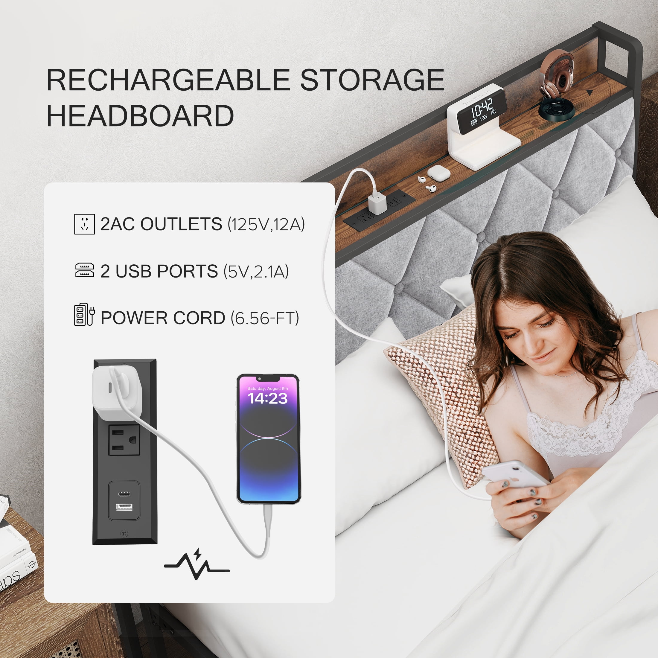 MCQ Modern Bed Frame with Charging Station, Metal Bed Frame with Upholstered Headboard, Queen