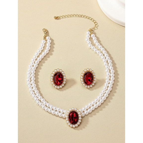EOEMY Earrings And Faux Pearl Short Necklace Set, Vintage Luxury Ear Studs Pendant-Default