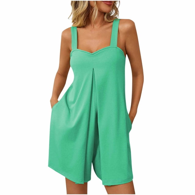 Timegard Jumpsuit for Women Ruched Square Neck Sleeveless Short Rompers Casual Loose Outfits Fashion