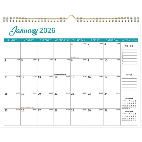 OMEYA 2026 Wall Calendar, Monthly Calendar From Jan. 2026 to Dec. 2026, 14.5" x 11.3" Large Blocks 12 Month Hanging Calendar with Thick Paper, Julian Dates, Notes Section for Home Office