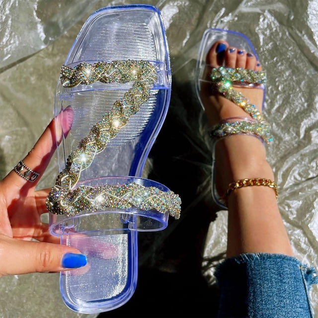 Sandalias de verano para mujer, sandalias planas sin cordones, zapatos romanos de cristal, sandalias informales con punta abierta, zapatillas Wmkox8yii ytu8774