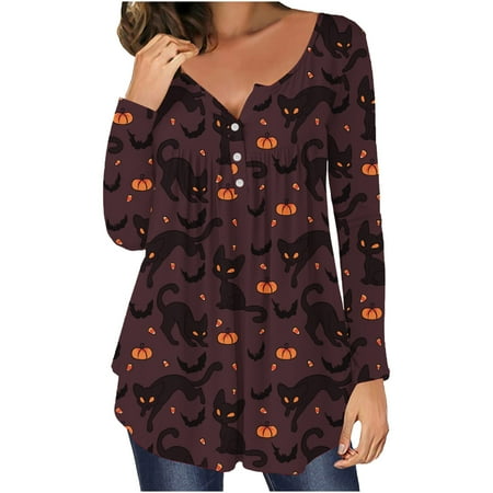 

Halloween Shirts for Women Hide Belly Tunic Tops Gothic Graphic Tees Crewneck Henley Long Sleeve Pullover Blouse