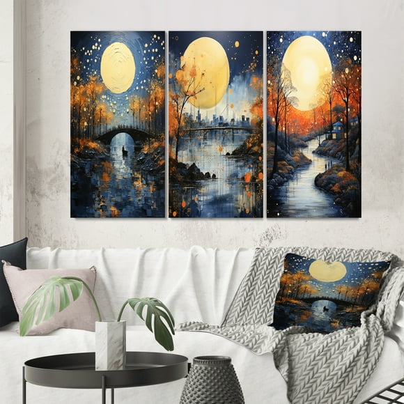 Designart "Yellow Bridge Abstracted Riverine Painting II" Cityscapes Wall Art Set Of 3 - Yellow Bridges Gallery Set For Office Decor