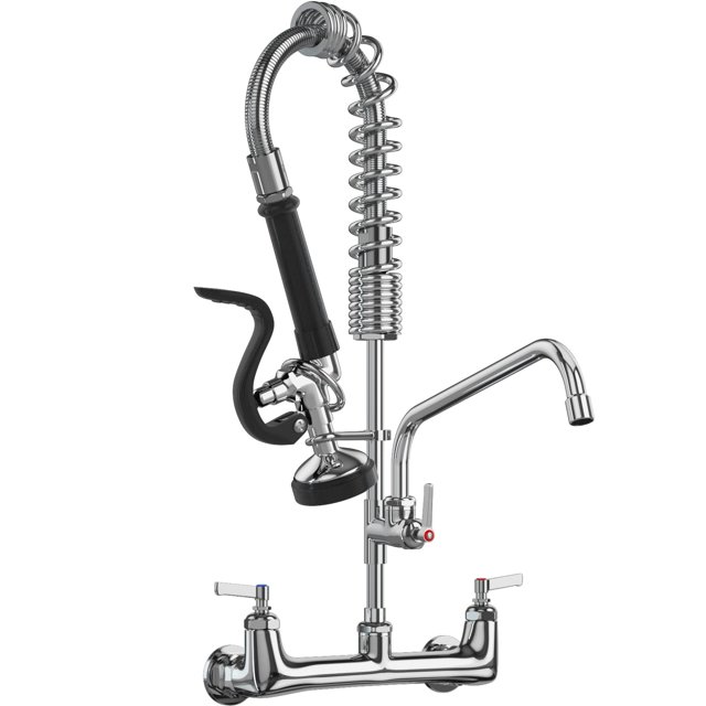Grifo Comercial Con Rociador, 8 Pulgadas, Centro, 25 Pulgadas De Altura, Montaje En Pared, Grifo Para Fregadero De Cocina, Agregue Boquilla De 12 Pulgadas Y Grifo Rociador De Enjuague Previo Abatible