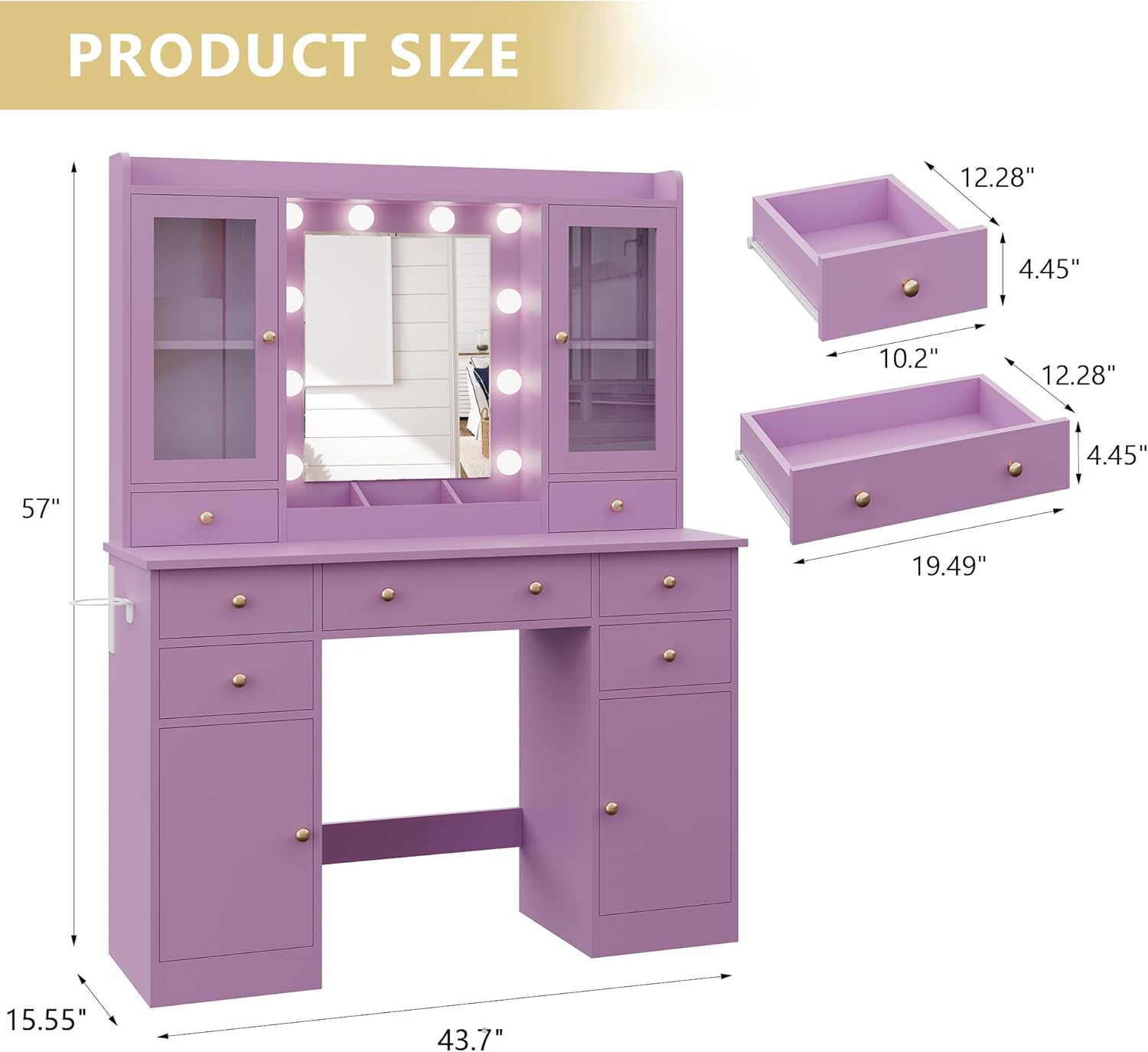 FANRAL 43.7" Vanity Desk with 10 Mirror Lights & Under-Table RGB,Charging Station & Hair Dryer Holder,Multi-Storage Dressing Table for Bedroom Bathroom,Purple Vanity