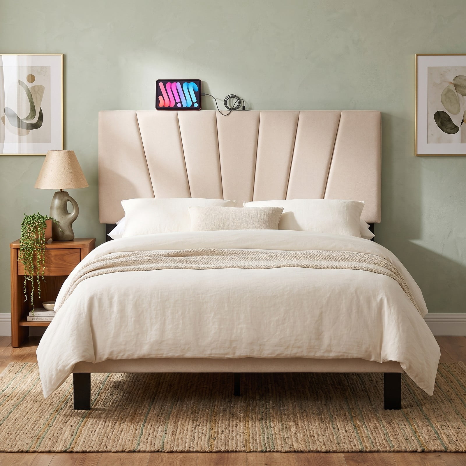 Furnibear Geometric Channel Upholstered Headboard with 2 AC Outlets and USB and Type-C Charging Ports for Full and Queen Size Beds, Beige