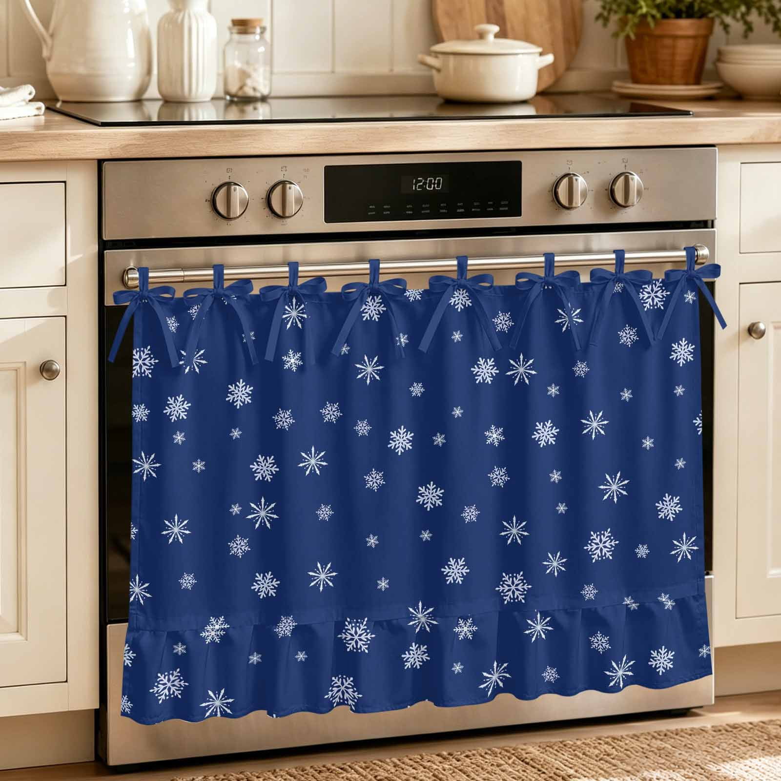 Oven Curtain for Kitchen Winter Fallen Snowflakes Seamless Stove Curtain With Ruffled Trim Dishwasher Curtains Christmas Navy Blue Oven Skirt 30 x21.5