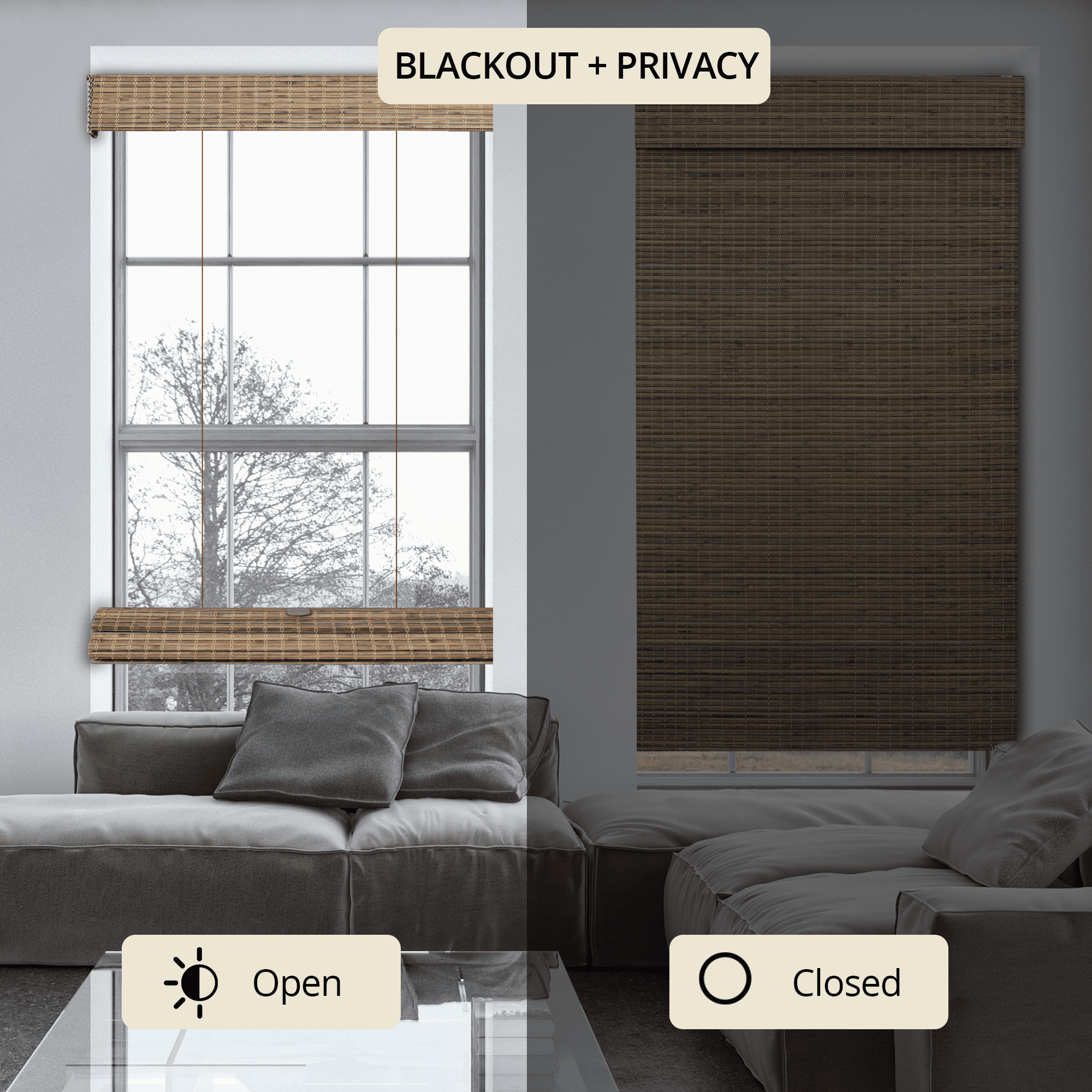 Natural Woven Top Down Bottom Up Cordless Bamboo Roman Shades for Windows, 63 in. W x 60 in. L, Smokey Ash