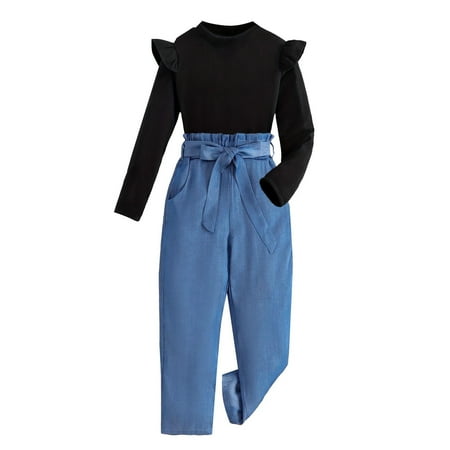 

Toddler Girls Outfits Holiday Outfits Casual Solid Color Long Sleeve Crew Neck Top Lace Up Loose Wide Leg Pants Suit Fall Girls Clothings 10 Years-12 Years