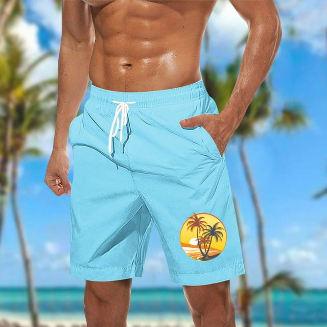 Sentmoon Men Swim Trunks Lightweight Summer Straight Elastic Waist Bathing Suit Drawstring Hawaiian Print Pajama Shorts Side Pockets 2025 Athleisure for Vacation Trip Sky Blue S